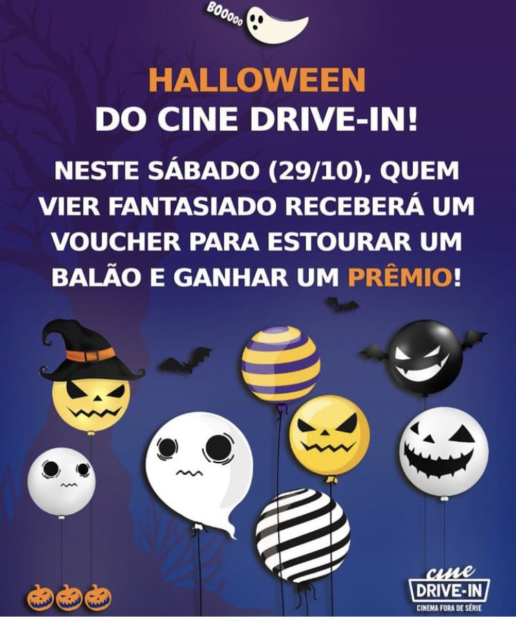 Quem vier fantasiado no sábado terá direito a um voucher para estorar um balão e ganhar um prêmio! Algumas das opções são:

- Pipoca
-Mentos
-Ingresso para o cinema
-Lanches da lanchonete
-Marshmallow temático

Curtiu? Calma que tem mais 👻🎃