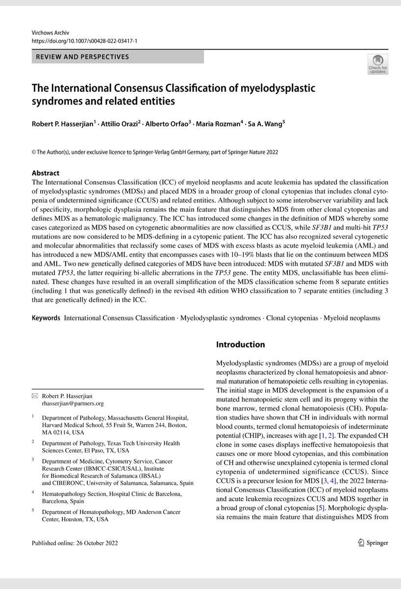 The international consensus classification (ICC) is in the process of publishing a series of review articles on Virchow Archives to expand the updates on each topic for pathologists. This is the article on MDS. @SocforHemepath urldefense.com/v3/__https:/se…$