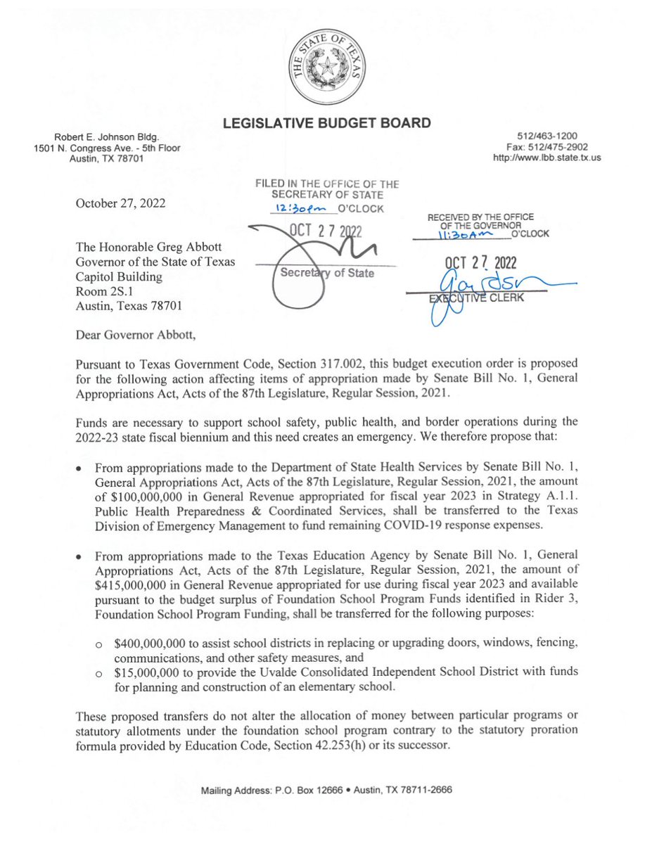 THSchoolLaw's tweet photo. Texas legislature uses budget execution to increase funding for school safety by $415M. $400M goes to campus facilities upgrades, and $15M to Uvalde ISD for a new elementary school. https://t.co/uMVC6BauJL