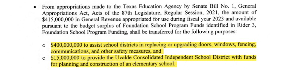 THSchoolLaw's tweet photo. Texas legislature uses budget execution to increase funding for school safety by $415M. $400M goes to campus facilities upgrades, and $15M to Uvalde ISD for a new elementary school. https://t.co/uMVC6BauJL