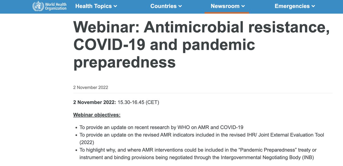There's still time left to register for the @WHO webinar on Antimicrobial resistance, COVID-19 and pandemic preparedness! Featuring @SuzyRVK, @PonnuPadiyara & Silvia Bertagnolio. 📆 2 Nov, 2022 ⏰ 15:30-16:45 (CET) Register here➡️ who.int/news-room/even…