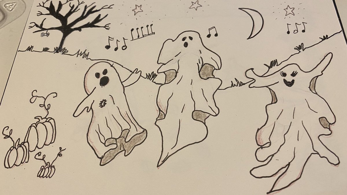 GeorgiaTurner's tweet photo. My attempt at a trio of singing ghosts from this evening’s @CommsUnplugged drawing session with a bunch of lovely Unpluggers and hosted by my buddy @Salzasal. 👻🎃👻🕷🎃👻🎃 https://t.co/sfjd0RQl8N