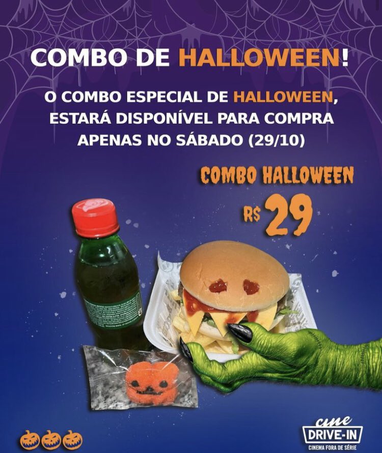 Teremos também um combo especial temático, que estará disponível apenas no sábado 🍔

O Combo Halloween vem com refrigerante, hambúrger e um docinho comemorativo!