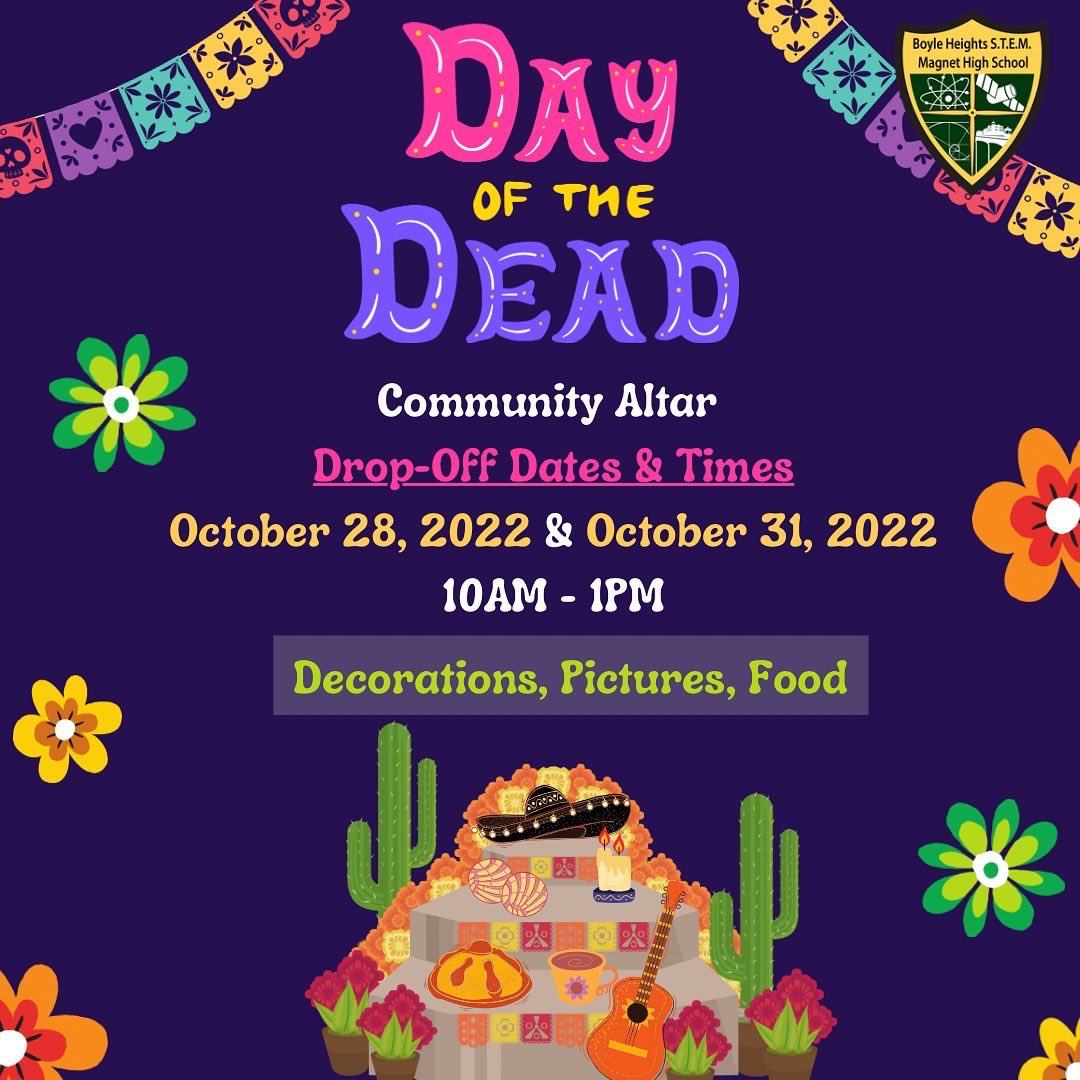 STEM_BoyleHTS's tweet photo. This Day of the Dead we are inviting our STEM families to join in the creation of our community altar. 🕯️ TOMORROW and on MONDAY we invite you to stop by and contribute with pictures, food, and decorations. We can’t wait to see how it turns out. 🫔🍮☕️🖼️  

 #diadelosmuertos https://t.co/7LW5QiKAU3