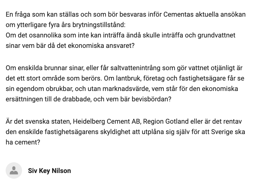 mseid's tweet photo. Siv Key Nilson skrev följande, högst relevanta frÄgestÀllning, i lokalbladet i dag. En text som förtjÀnar vidare spridning.
#Gotland #Cementa #Filehajdar #ClimateEmergency https://t.co/gQK0arJKRu