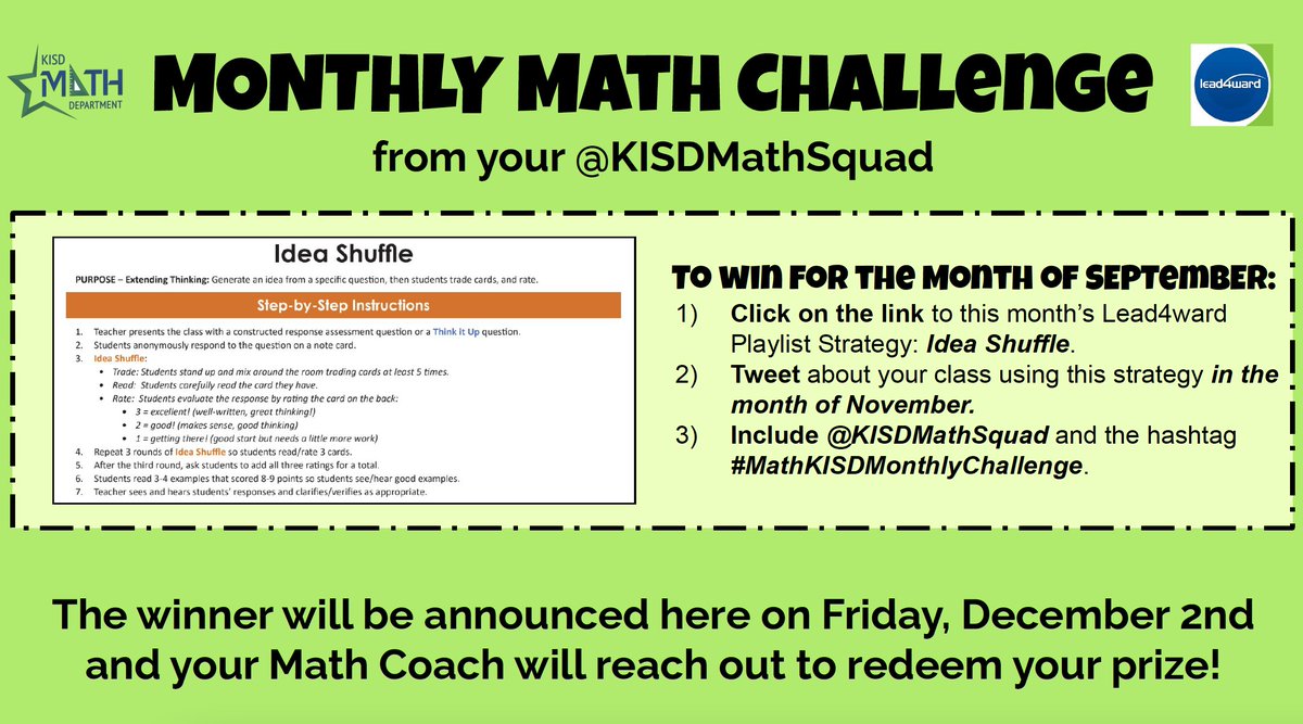 KISDMathSquad's tweet image. 🌟Hey K-6 Math Teachers!!🌟
November is just around the corner, which means it&apos;s time for a new Monthly Math Challenge! Try out this engaging @lead4ward activity &amp;amp; maybe you&apos;ll be the lucky winner of a prize too! #MathKISDMonthlyChallenge