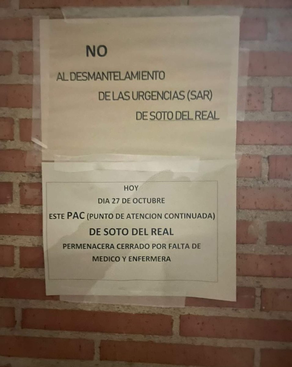 Vecinas y vecinos de Soto del Real. Se ruega no enfermen esta noche. El brillante nuevo plan de Ayuso, nos deja sin atención en Urgencias. Este gobierno solo nos trae miseria y abandono, no solo a la ciudadanía sino al personal sanitario al que no hace mucho, salíamos a aplaudir.