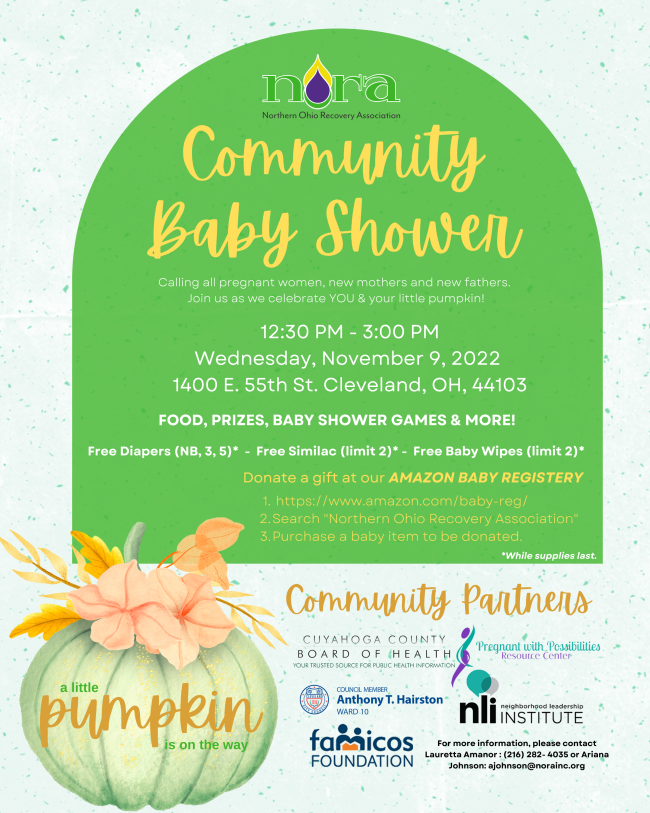 Join us for our community baby shower on Wednesday, November 9, from 12:30-3! This event is open to all expecting mothers and new parents. 

There will be free diapers, baby wipes, and formula while supplies last (limit 2 per guest.)