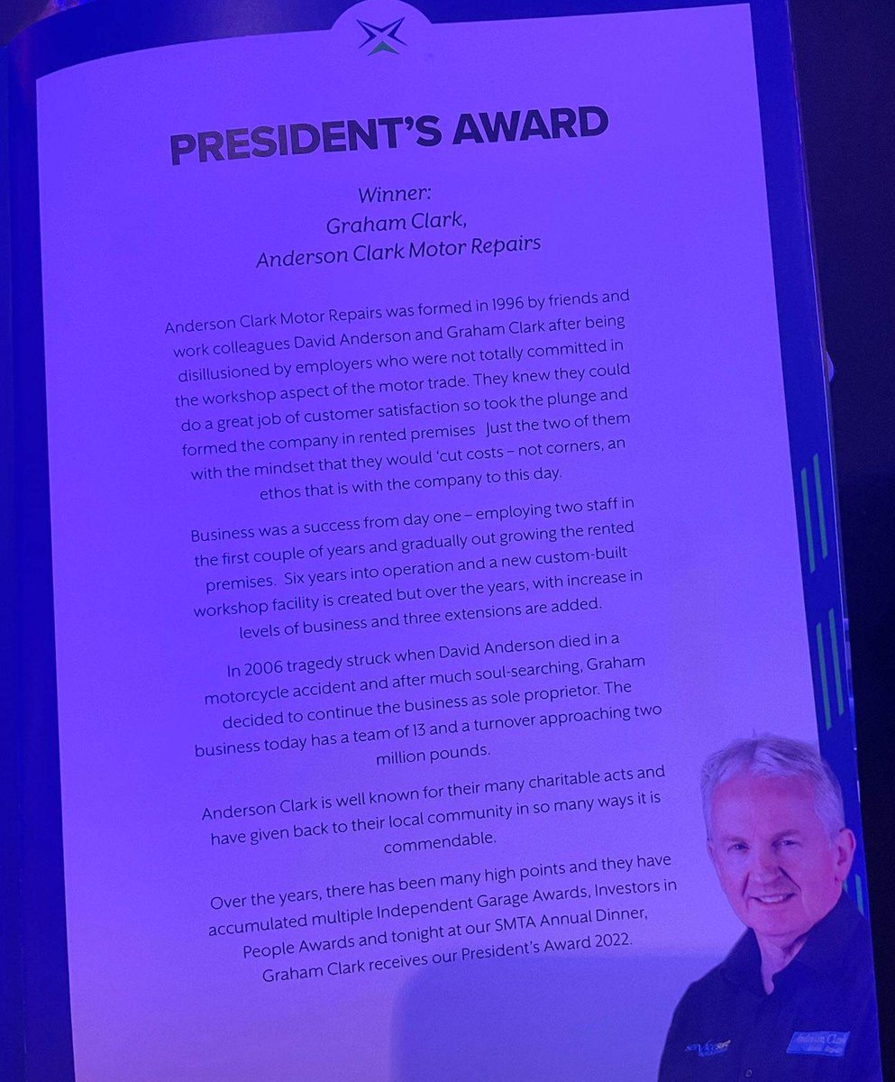 Overwhelmed to receive the 2022 President’s Award from the Scottish Motor Trade Association at the annual Awards Dinner tonight. I never ever expected to be honoured in this way with this prestigious award.