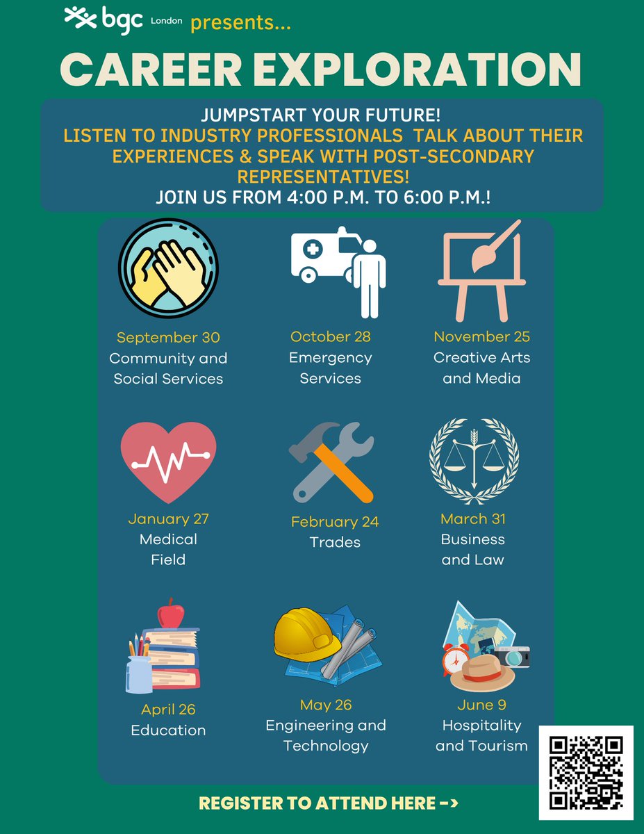 BGCLondon's tweet photo. Youth in Grades 9 to 12 are invited to join us tomorrow for another Career Exploration panel from 4pm-6pm. This month, we're hearing from guest presenters who work in the field of emergency services.

Register to attend here https://t.co/poV5zkU7ZV

@TVDSB @LDCSB https://t.co/DmWvBjLVRu