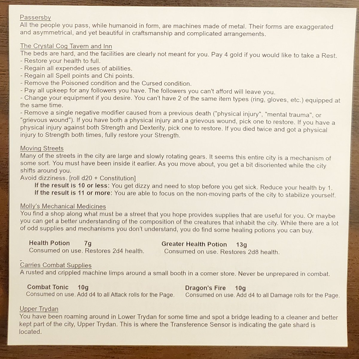 midashand's tweet photo. "Great, mechanical beings.... of course they won't have any food. *sigh* Let's get some rest."

-19g Rest &amp; retainers
-10g Combat Tonic
-20g Dragon's Fire x2

"Gods, this city is going to make me sick...." [6]

#ttrpg #QuestCalendar @SundialGamesLLC https://t.co/aCwrZUMptQ