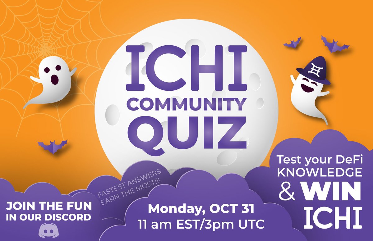 ichifoundation's tweet photo. 🎃 Let's get Spooky 👻

Join us Oct 31 @ 11 am EST/3 pm UTC for a chance to test your #DeFi knowledge and WIN some $ICHI.

 The fastest correct answers earn the most points 🚀
 
It's happening in our Discord: https://t.co/yUaHq5SOMb https://t.co/F0IgXavWhe