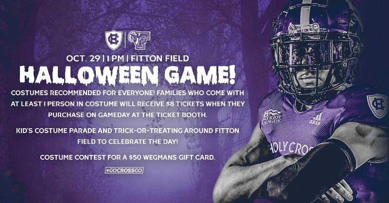 Spooky Saturday🎃 Head over to Fitton Field for tomorrow's @HCrossFB game in your costume & enjoy a kid's costume parade and trick-or-treating! 👻 #GoCrossGo 🎟️ tickets.goholycross.com/Online/mapSele…