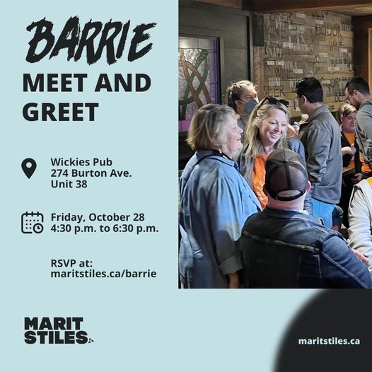 Not too late to RSVP for our Meet and Greet with @maritstiles tomorrow (Friday) in #Barrie at Wickies on Burton Ave between 4:30 - 6:30! ➡️All are welcome! RSVP here: maritstiles.ca/barrie