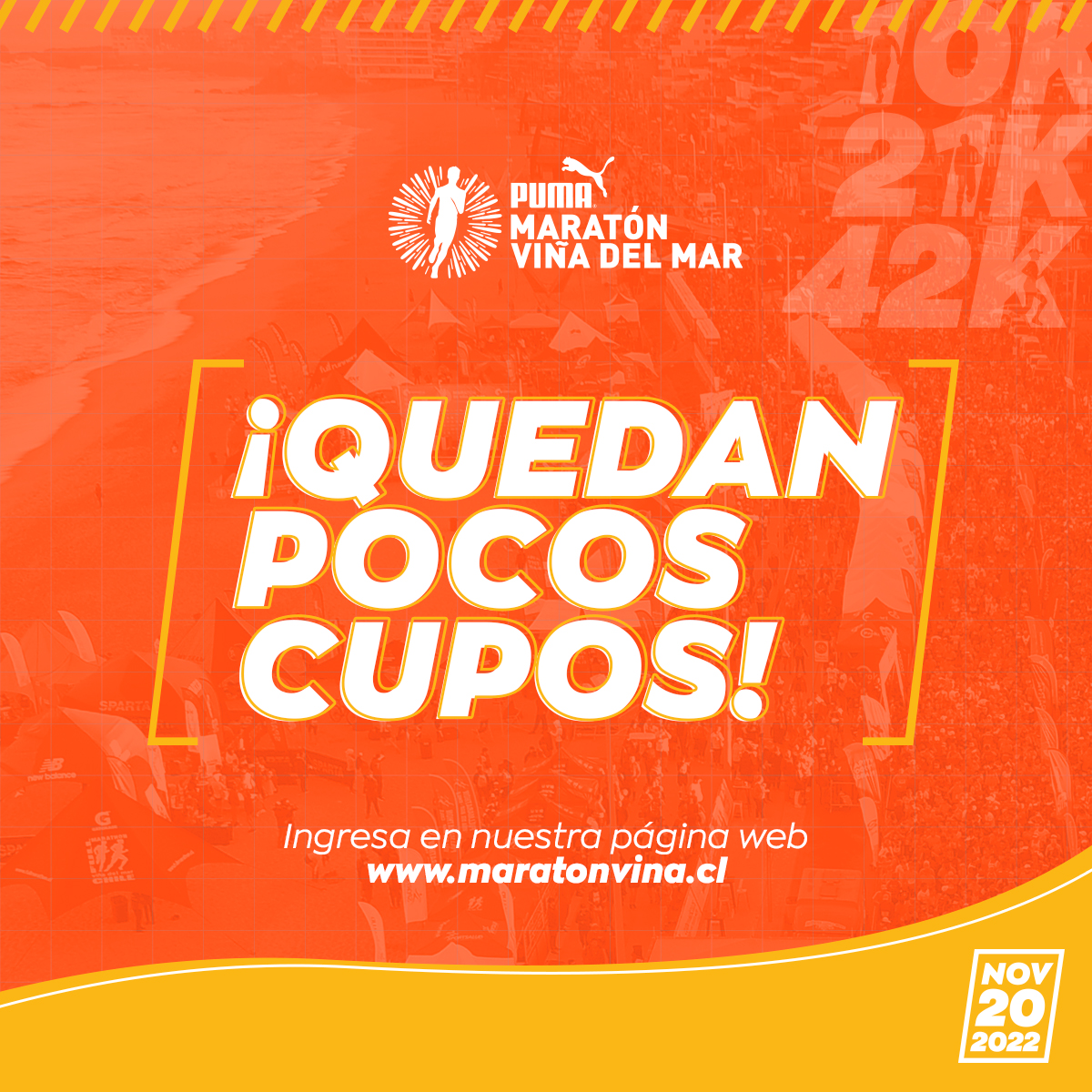 ¡Aún estás a tiempo de sumarte el #PumaMaratónViñaDelMar, pero apúrate porque los cupos ya se agotan! Entra ahora a maratonvina.cl y asegura tu lugar en 10K, 21K o 42K y prepárate para disfrutar de esta carrera por el borde costero de la V Región. ¡Nos vemos en la meta!
