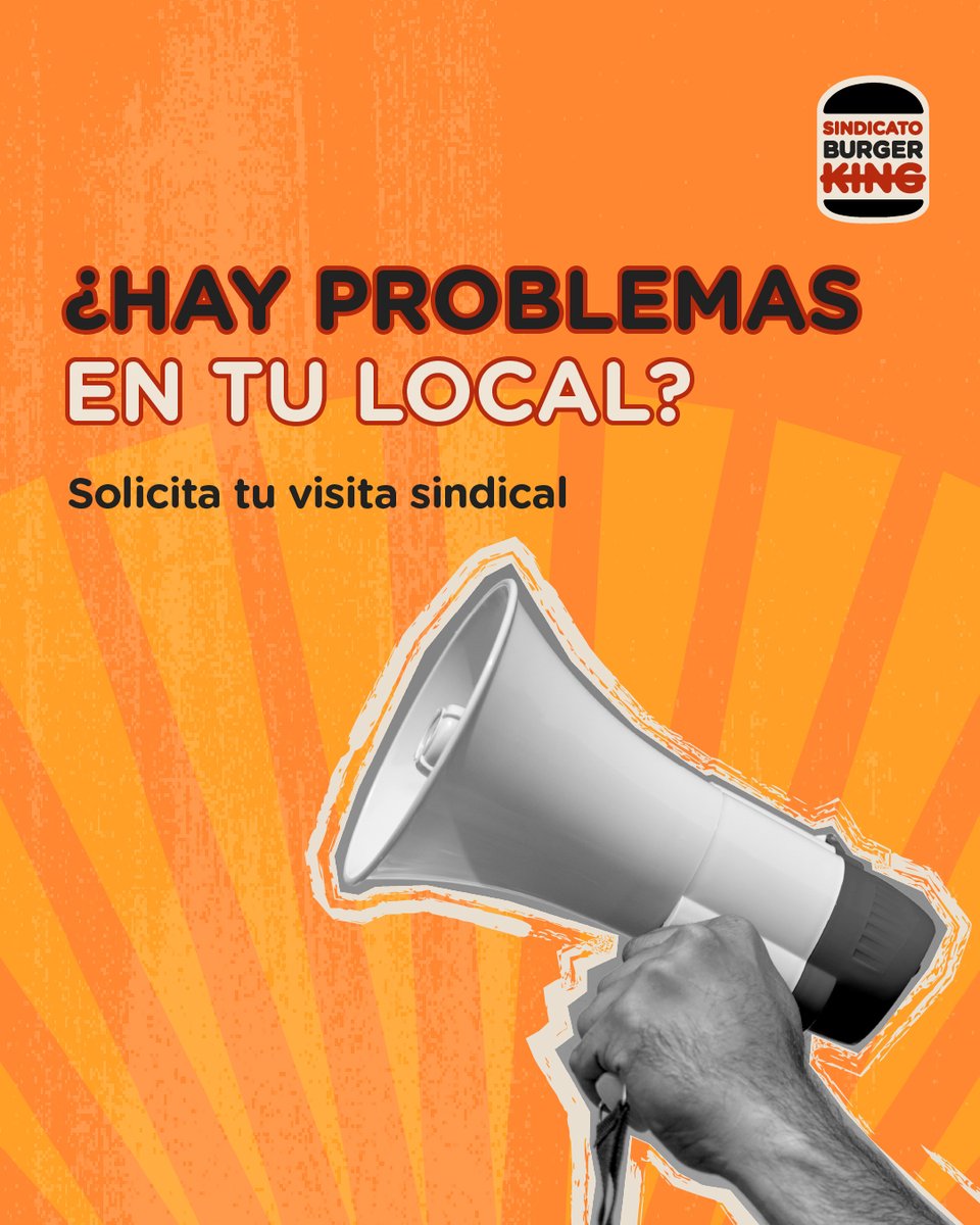 📢No guardes silencio frente a las irregularidades.

🚨Si en tu local se están viviendo situaciones que no corresponden, solicita tu visita sindical a través de nuestras redes sociales, whatsapp o correo electrónico. Saca la voz sin miedo.

#SindicatoBurgerKing #Sindicato