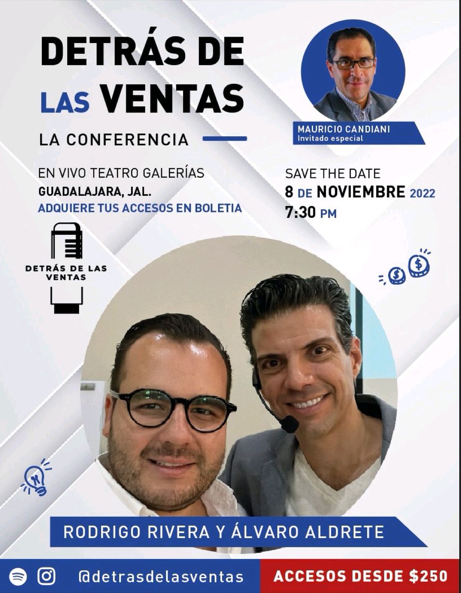Allenamenti's tweet photo. #AlvaroAldrete y #RodrigoRivera convocan a su #conferencia abierta #DetrásDeLasVentas en #Guadalajara.
En esta edición, el invitado especial será el columnista #MauricioCandiani.
¡Los tienes que escuchar!
🗓 19:30 Nov/8 @TeatroGalerias. +Info y boletos: https://t.co/owDvPSwwtB https://t.co/rcjreAPA5x