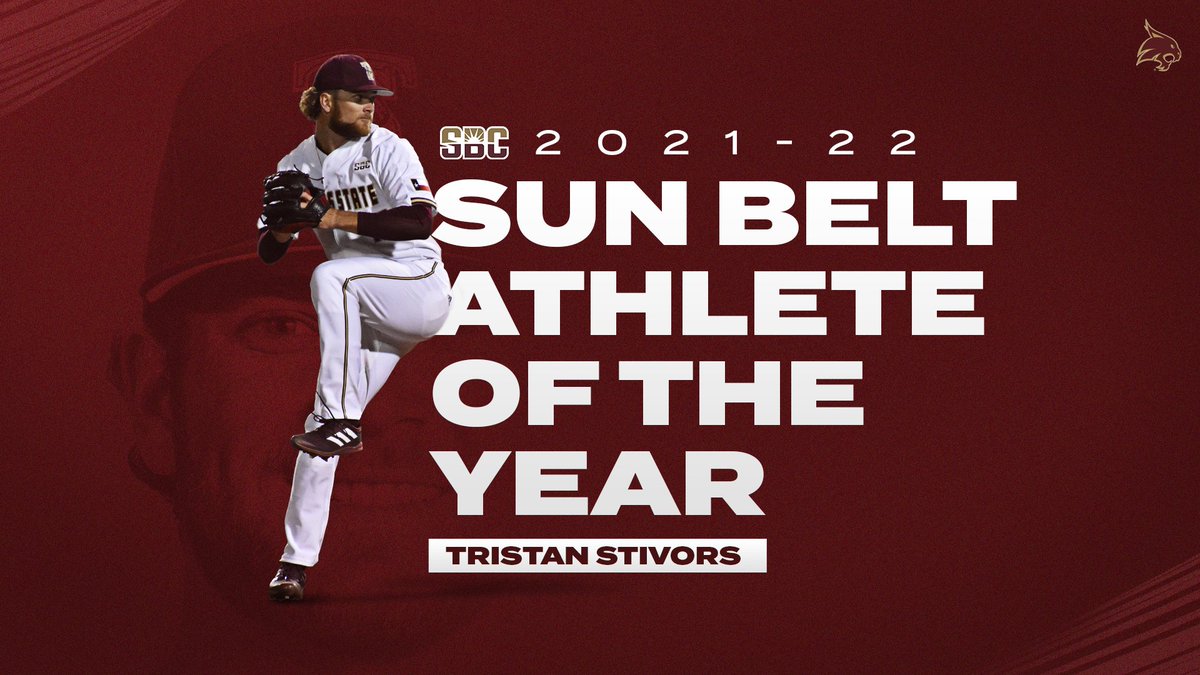 TxStateBaseball's tweet photo. 𝙎𝙪𝙣 𝘽𝙚𝙡𝙩 𝘼𝙩𝙝𝙡𝙚𝙩𝙚 𝙤𝙛 𝙩𝙝𝙚 𝙔𝙚𝙖𝙧

After a historic season on the mound, @tstivors_13 was selected as the Sun Belt Conference's Athlete of the Year!

🔗: https://t.co/asPSWjrmN7

#EatEmUp #SlamMarcos #SunBeltBSB https://t.co/fMmP1x9qbO