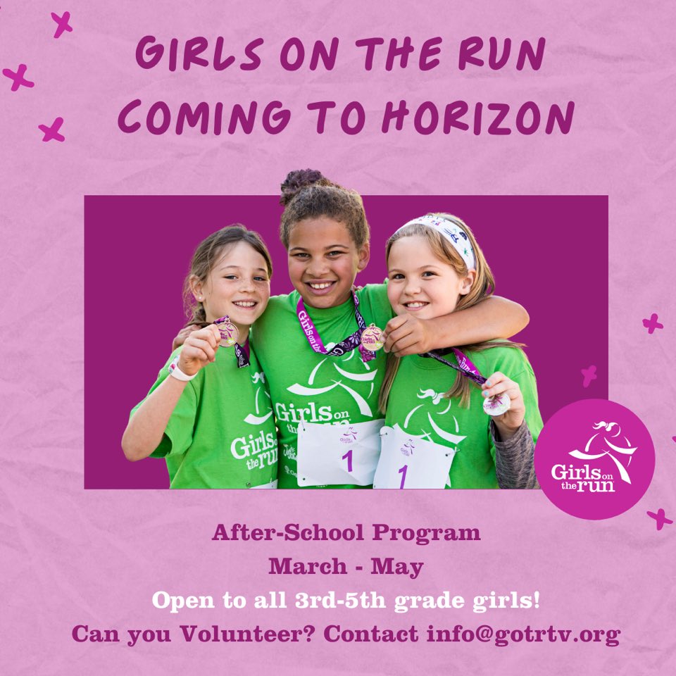 HorizonBSD's tweet photo. Girls on the Run is coming to Horizon in the spring! 🏃🏽‍♀️ 

This program is open to all 3rd-5th grade girls! Registration will open in January, so stayed tuned for more information! 

#GirlsontheRun #BSDpride #HorizonExplorersBSD https://t.co/WTSofIlNAY