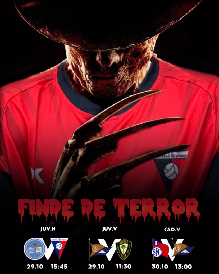 aurreravitoria's tweet photo. 🎃FINDE DE TERROR | 10/30🕸️

Horarios de nuestro Juvenil Nacional, Juvenil Vasca y Cadete Vasca este fin de semana en el que los equipos escolares y federados de álava descansan.

Zorte on rojillos!

#aquínohaytrato 
#findedeterror
#goazenAurrera 🔴 https://t.co/xHRTANxF6Y