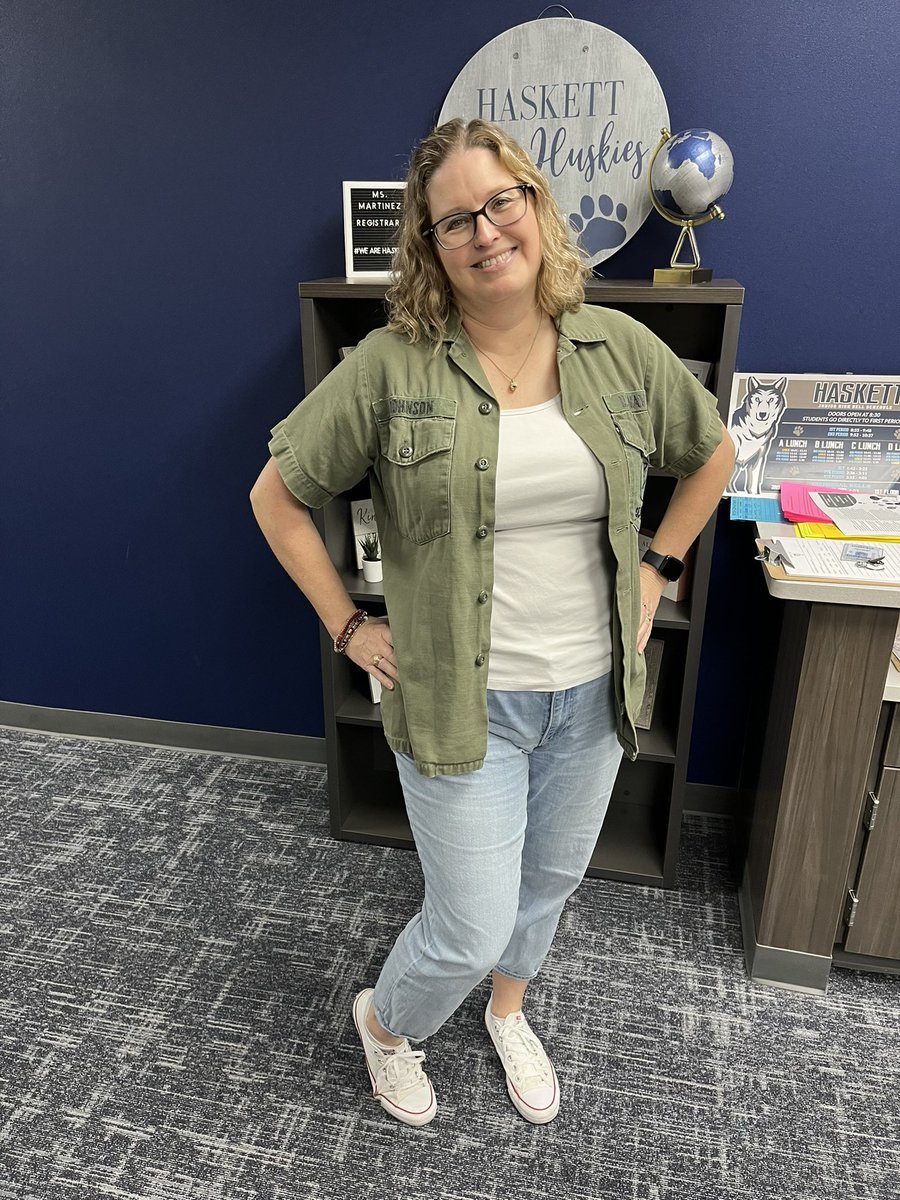 This throwback Thursday is all the way back.  I’m wearing my Dad’s uniform shirt from when he was a US Navy Seabee during Vietnam.  <a href="/PrincipalPaz/">Dr. David Paz</a> <a href="/HaskettJH/">Haskett Junior High</a> #wearehaskett