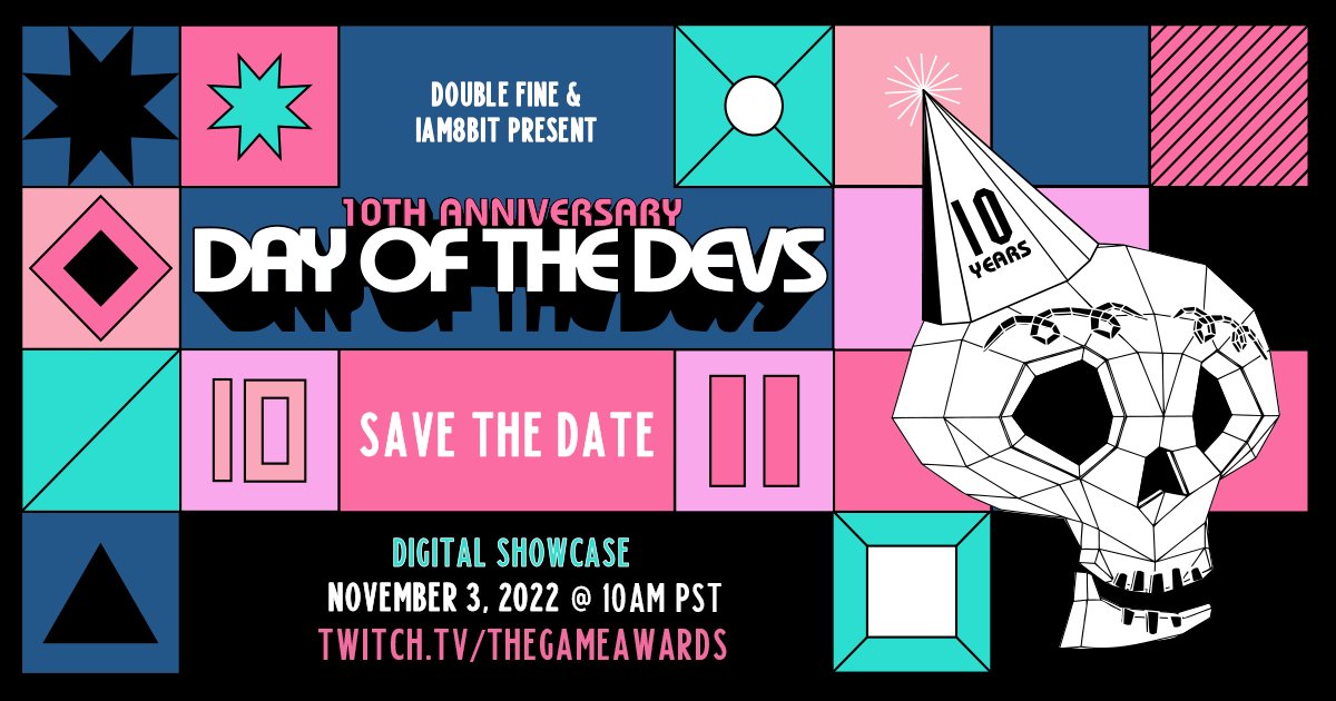 SAVE THE DATE! The Day of the Devs Digital Showcase is streaming on @thegameawards Twitch and YouTube! November 3 at 10 AM PT 💀 Tune in for world premieres, unexpected originals, surprising sequels, and so much more. twitch.tv/thegameawards youtube.com/thegameawards