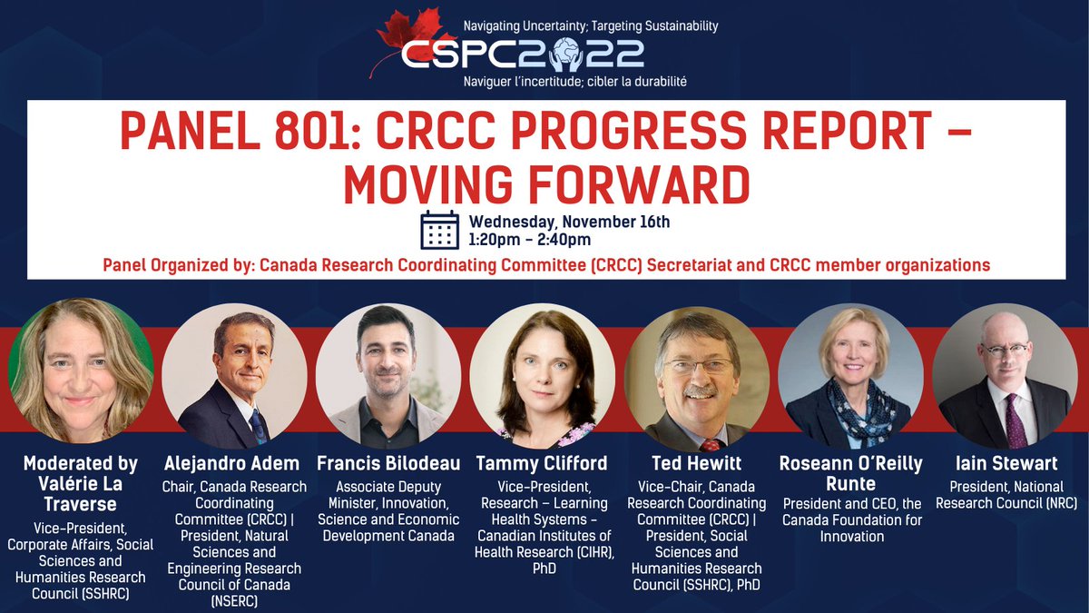 Don't miss the CRCC's Progress Report on Wednesday, November 16th from 1:20-2:40pm ET at #CSPC2022! 🔊🔊🔊 #SciencePolicy #cdnsci @NSERC_CRSNG @SSHRC_CRSH @CIHR_IRSC @InnovationCA @NRC_CNRC @ISED_CA Register now to join us for this panel and more: sciencepolicyconference.ca/registration/