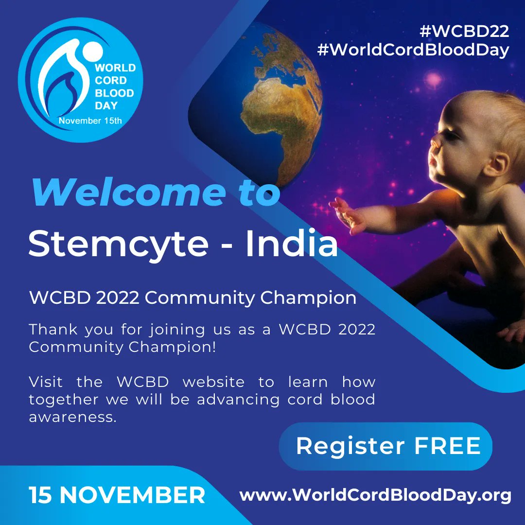 CordBloodDay's tweet photo. So thrilled to have @StemcyteI in #Gujarat, #India join us as a #WorldCordBloodDay 2022 Community Champion!! #ThankU for educating parents & healthcare workers about cord blood stem cells.
See you on NOV 15th: https://t.co/vaAdlQBnme
#WCBD22 #OBGYN #MedEd #pregnancytest #MomMed https://t.co/8Ws7RqPt1l