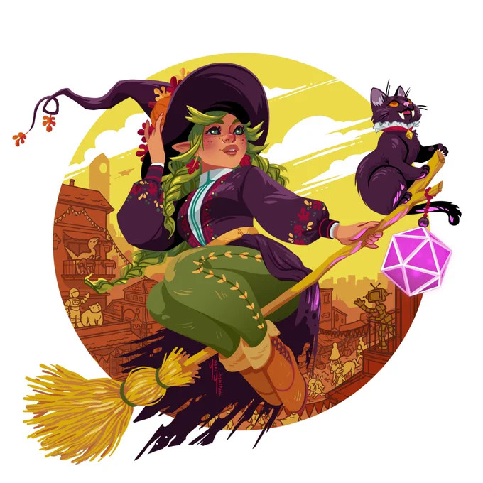 Oh to be a witch gliding through the sky on a broomstick, cat familiar in tow...The Halloween vibes got me thinking about this little witch I drew for the Roll20 con last year! If you had to draw a piece like this with elements from your own tabletop games, what would you add? 