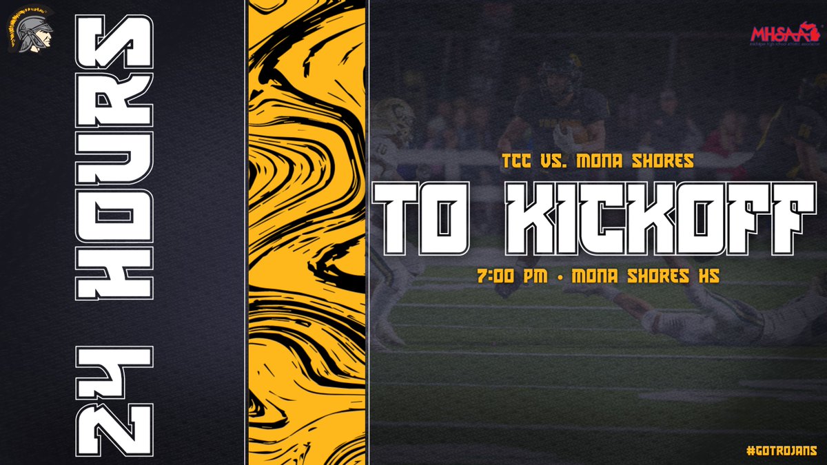 24 hours until varsity football travels to Mona Shores for their 1st round playoff game. Tickets must be purchased here: ow.ly/VyjA50LnlOW Those unable to attend can stream live here: ow.ly/7hgR50LnlOX or listen live on News Talk 580 AM. #GoTrojans