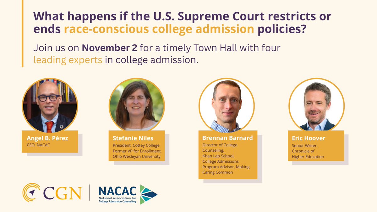 On Oct. 31, the #SupremeCourt will hear arguments in lawsuits against #HarvardUniversity and the #UniversityofNorthCarolina. Join the discussion about the potential impact here: ow.ly/zpLU50LnjPt #CollegeAdmissions #HarvardAdmissionsLawsuit #CollegeGuidance #NACAC #CGN