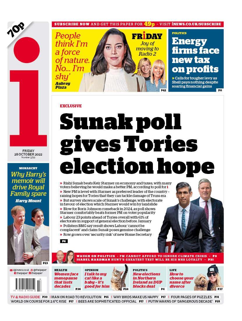 Friday's front page: Sunak poll gives Tories election hope #TomorrowsPapersToday 🔴 Latest from @HugoGye inews.co.uk/news/politics/…