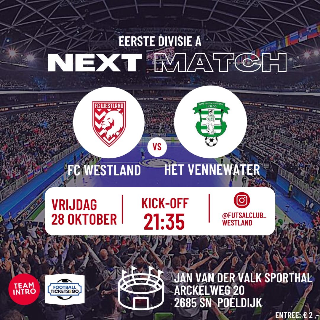 FCWestland's tweet photo. #FCWestland Heren 1 speelt a.s. vrijdag 28 oktober weer thuis tegen Vennewater uit #Heiloo aftrap 21:35 uur sporthal #Verburch in #Poeldijk #Westland #zaalvoetbal # Voetbal #Westland #1eDivisie #futsal #KNVB https://t.co/UMNRBai0MS