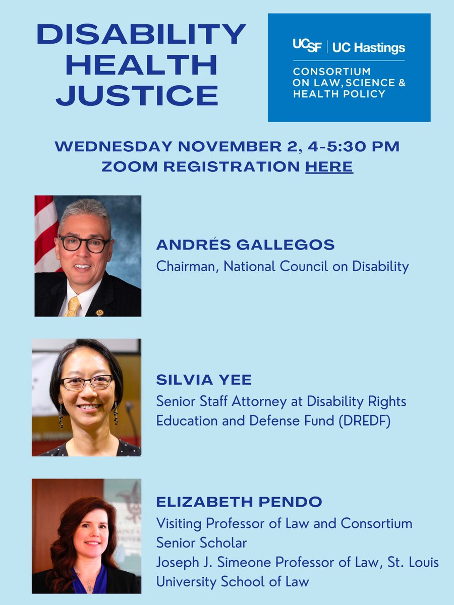 Join us for our Disability Health Justice zoom event Wednesday 11/2! These 3 fantastic panelists will cover multiple topics related to disability health equity. Registration required: uchastings.zoom.us/meeting/regist…
@NatCounDis <a href="/DREDF/">Disability Rights Education & Defense Fund</a> @UCHastingsLaw
