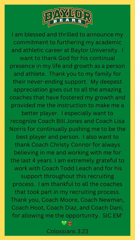 Extremely grateful to be able to announce I am verbally committed to Baylor University! Sic Em' 💚🐻 <a href="/BaylorSoftball/">Baylor Softball</a> <a href="/BUMoore/">Glenn Moore</a> <a href="/BUcoachNewman/">Britni Sneed Newman</a> <a href="/JohniganSteve/">Steve Johnigan</a> <a href="/coach_diaz22/">Coach Diaz</a> <a href="/sifastpitch/">Texas Sudden Impact</a> <a href="/klaus0010/">Todd Leach</a> #SicEm
