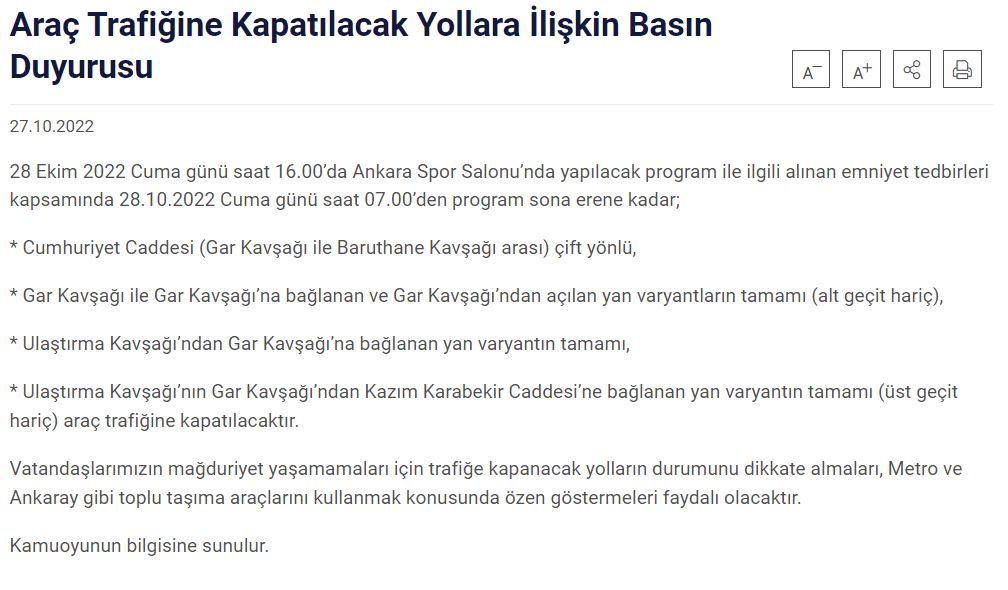 #Ankara'da Cumhurbaşkanı Tayyip Erdoğan'ın katılımıyla yarın yapılacak #TürkiyeYüzyılı tanıtım programı nedeniyle Ankara Spor Salonu çevresindeki bazı yollar araç trafiğine kapatılacak... Ankara Valiliği'nin o güzergâhlara yönelik duyurusu şöyle: