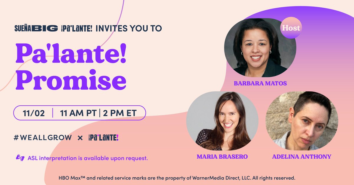 We are closing out this year of big dreams & inspiration with another Tertulia: Pa'lante! Promise, presented by #WeAllGrow and HBO Max Pa’lante!💜 Wed, Nov 2 at 11 AM PT | 2 PM ET ✨ RSVP here: bit.ly/TertuliaPalant… #WeAllGrow #PalanteAlMax #HBOMaxPartner