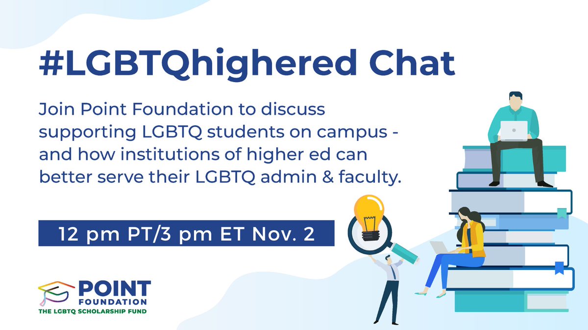 PointFoundation's tweet photo. #HigherEd educators: Join us at 12 pm PT/3 pm ET Nov. 2 for an #OutInHigherEd Week Twitter chat with #LGBTQ and allied educators across the country. We’ll talk about supporting LGBTQ students and contributing to a more inclusive campus. Join the us here using #LGBTQhighered! https://t.co/7ediyaUnMq