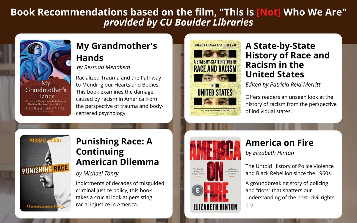 Book Recommendations based on the film, "This is [Not] Who We Are", provided by <a href="/cublibraries/">CU Boulder Libraries</a> 📖
🔹My Grandmother's Hands
🔹A State-by-State History of Race &amp; Racism in the United States
🔹Punishing Race
🔹America on Fire

More resources: libguides.colorado.edu/whoweare