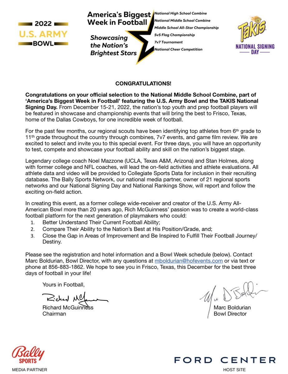 Thanks to the 2022 U.S Army Bowl committee and staff along with @coachkeith_1k for the invite to participate in the National Middle School Combine. I appreciate the consideration 🙏🏾