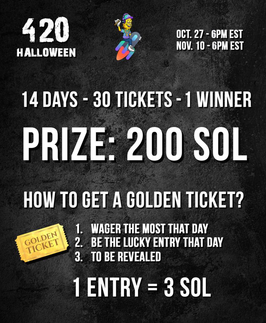 Halloween Contest by <a href="/solcrash/">solcrash.io</a> x <a href="/BestBudsNFTs/">Best Buds</a> 
The First 420 Edition Contest 🍁
The Biggest solcrash Giveaway Ever 🚀

200 SOL
👉1 Winner
👉30 Golden Tickets
👉14 Days

Starts in <2 HOURS - Rules on image attached 👇
Q&amp;A 👇

solcrash.io/420 🍁
solcrash.io 🚀