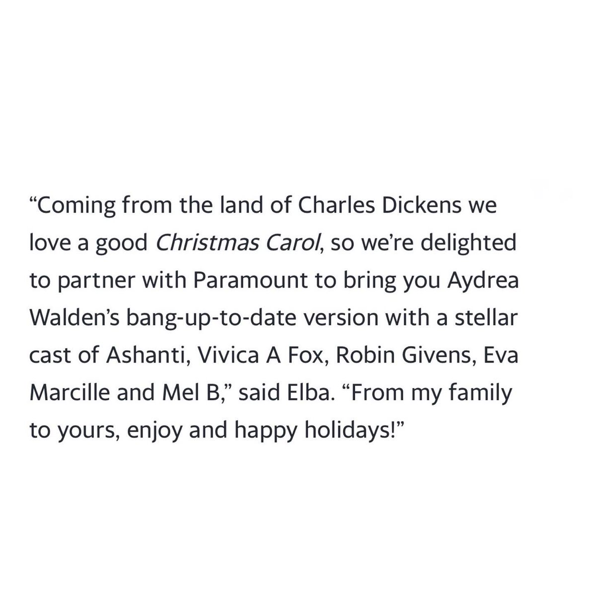 Take Charles Dickens + writer @BlkGirlBigDress + director <a href="/RustyCundieff/">Rusty Cundieff</a> + stars <a href="/ashanti/">ASHANTI</a> <a href="/MsVivicaFox/">Vivica A. Fox</a> <a href="/EvaMarcille/">Eva Marcille</a> <a href="/Therocknrobn/">Robin Givens</a> <a href="/OfficialMelB/">Melanie Janine Brown MBE</a> = #anewdivaschristmascarol !!!

Premiering on VH1 on Weds 14th December!!!

<a href="/BlueIcePictures/">Blue Ice Pictures</a> <a href="/paramountnet/">Paramount Network</a> <a href="/VH1/">VH1</a>