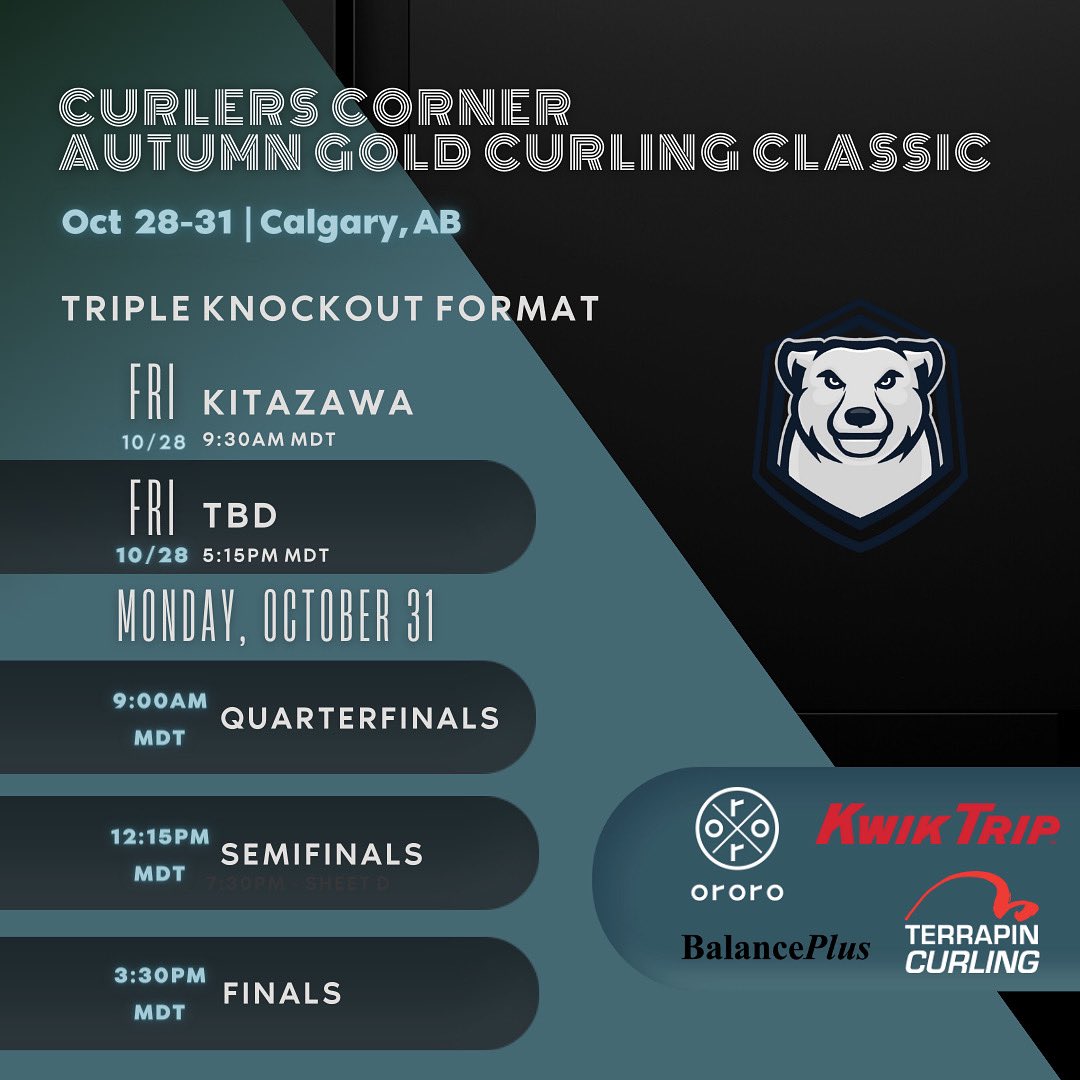 We are headed to Calgary for the Autumn Gold Curling Classic this weekend! Triple knockout format, one sheet per draw live-streamed on the Curling Live YouTube. Thank you to our sponsors! <a href="/BalancePlus_/">BalancePlus Curling</a> <a href="/OROROwear/">ororo Heated Apparel</a> <a href="/KwikTrip/">Kwik Trip</a> Terrapin Technologies