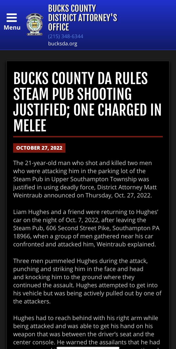 KeeleyFox29's tweet photo. No charges being brought against 21 year old man who shot &amp; killed two men&amp;wounded third man in parking lot of Steam Pub in Southampton October 7th.  Bucks County District Attorney says the deadly shooting was “justified” saying shooter was “pummeled” by the 3 men. @FOX29philly https://t.co/M0iu3gqpxz