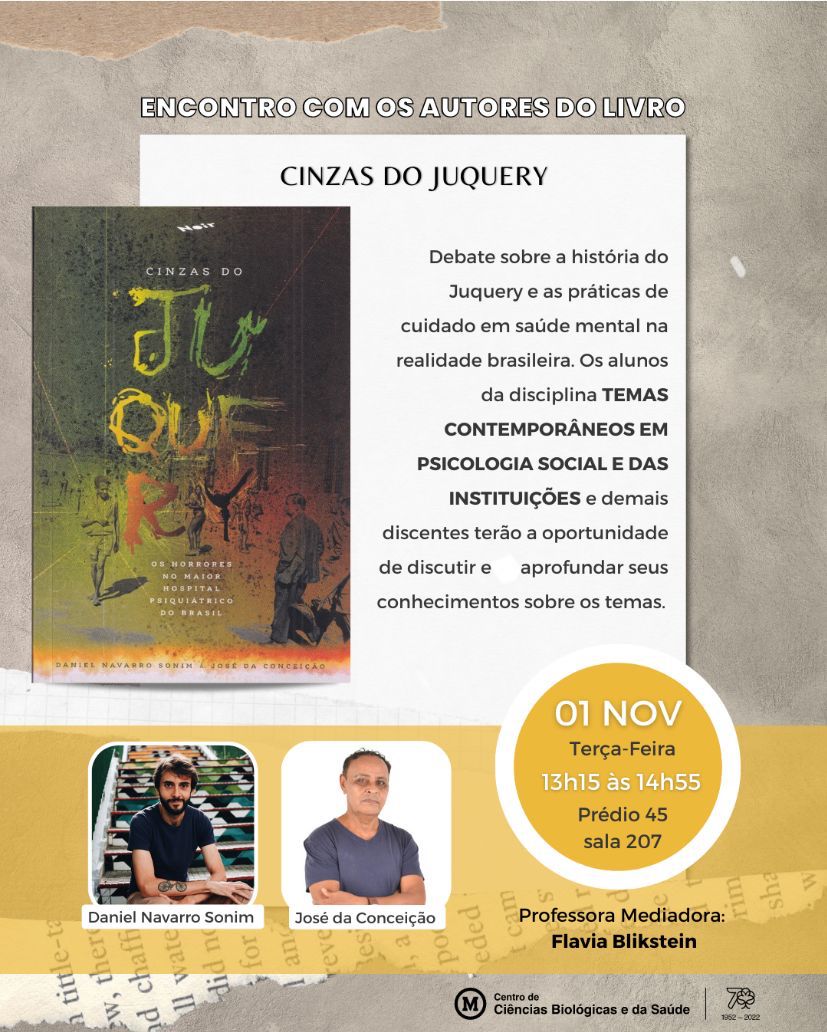 danielnavarro79's tweet photo. Palestra presencial: terça-feira, 1º/11, às 13h15 
@mackenzie1870 - São Paulo/SP 

#livro #cinzasdojuquery #juquery #reformapsiquiatrica #lutaantimanicomial #francodarocha 

+ info: https://t.co/gYoWIDAhlc | https://t.co/AuBSNrbRTj https://t.co/pWeaaTWVEB