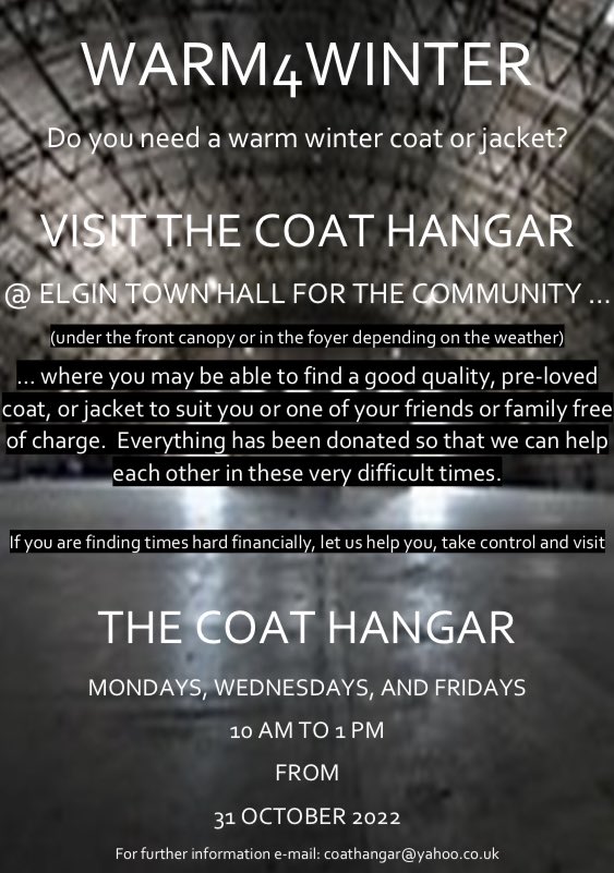 *PLEASE SHARE*
Launching this Monday at <a href="/elgintownhall/">Elgin Town Hall for the Community</a>  

The Coat Hanger

For more details email coathanger@yahoo.co.uk