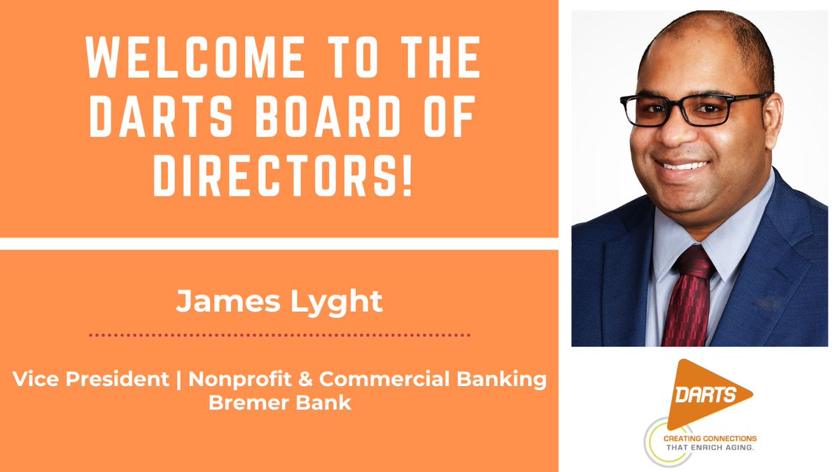 Welcome to the DARTS #BoardofDirectors James Lyght! He comes to us from <a href="/BremerBank/">Bremer Bank</a> with experience in both #finance and #nonprofits. Join us in welcoming James!