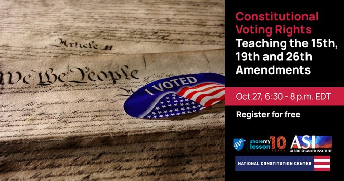 📢 IN 2 HOURS. FREE webinar: Are you a teacher responsible for teaching constitutional #VotingRights? Register now & learn how to incorporate this issue to your state standards: sharemylesson.com/webinars/const… .@SarahEHarris2 @JulieCSuk @UFT @ksautner @ConstitutionCtr @AFTunion