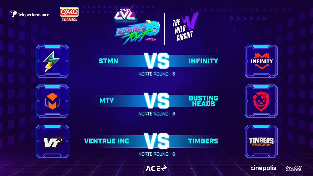 ⚡Hoy tenemos round 6 de enfrentamientos en la región LATAM Norte de #HIGHLVL #RumbleRift

🍿🥤traído a ti por <a href="/Cinepolis/">Cinépolis</a>  &amp; <a href="/CocaColaMx/">Coca-Cola México</a> 
 solo en twitch.tv/ligaaceesports

<a href="/Tiendas_OXXO/">Tiendas OXXO</a>  | <a href="/wresports_la/">Wild Rift Esports LATAM</a> | #Teleperformance