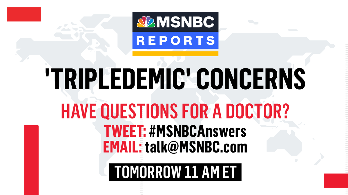 MSNOWNews's tweet photo. Do you have questions about a potential tripledemic of covid, flu and RSV this winter? Tweet them to #MSNBCAnswers and we’ll have our doctors answer them live on air Friday at 11am ET. https://t.co/CvfuvspvoZ
